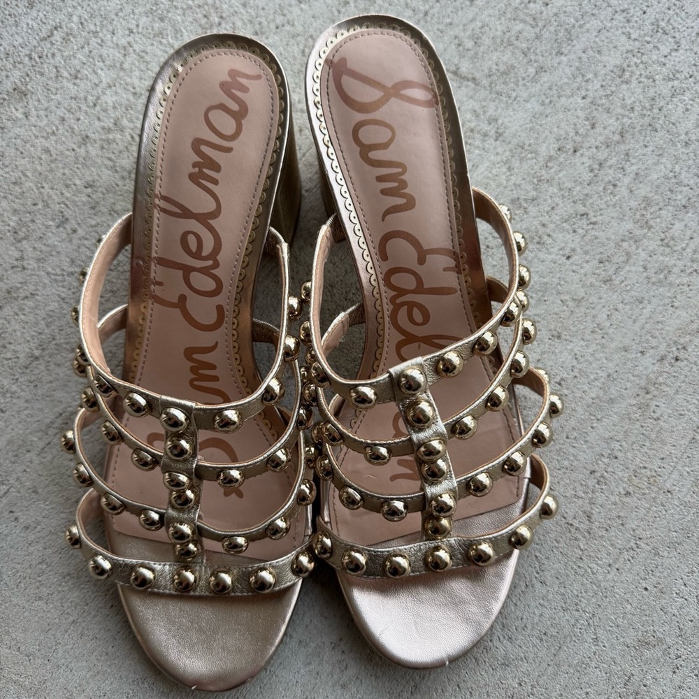 SAM EDELMAN Suri Champagne Gold Studded Mule Heels Size 8 Women Heels 3" Block - Picture 3 of 7